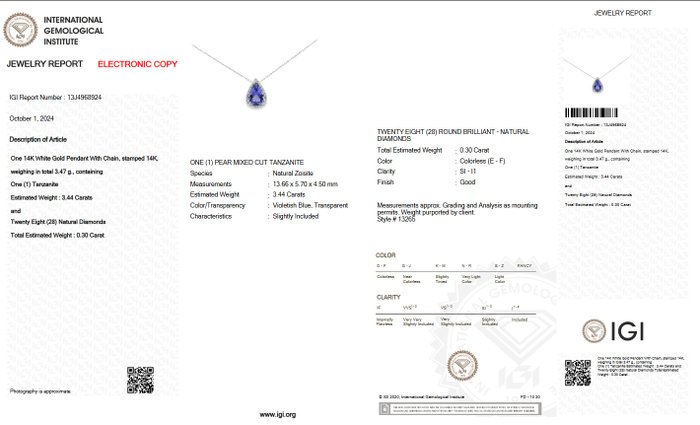 Halskæde med vedhæng - 14 karat Hvidguld -  3.74ct. tw. Tanzanit - Diamant - IGI