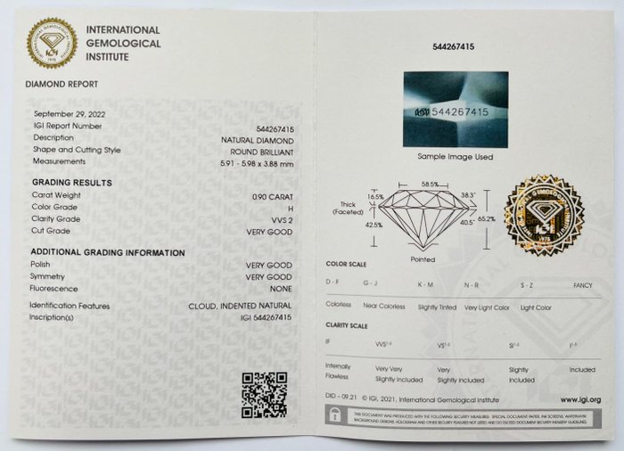 1 pcs Diamant  (Natur)  - 0.90 ct - Rund - H - VVS2 - International Gemological Institute (IGI)