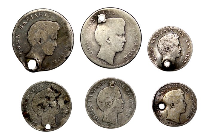 Grækenland King Otto of Greece (1832-1862) A lot of 6x old Greek Silver coins holed all different 1832-1834  (Ingen mindstepris)