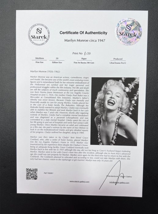 Marilyn Monroe circa 1947 - Fine Art Photography - Luxury Wooden Framed 70X50 cm - Limited Edition Nr 04 of 20 - Serial ID 19061 - Original Certificate (COA), Hologram Logo Editor and QR Code - 100% New items.