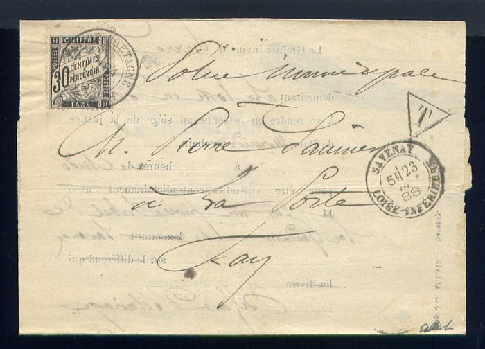 Frankrig 1888 - Superbe lettre de Savenay pour Fay avec le timbre-taxe n° 18