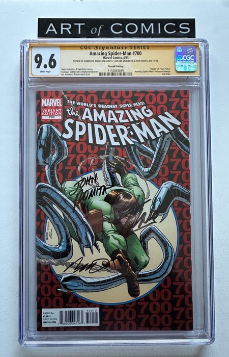 The Amazing Spider-Man #700 - Signed By Stan Lee, John Romita Sr, Humberto Ramos - Death Of Peter Parker - Last Issue - Rare 2nd Printing Variant - CGC Signature Series - Graded 9.6 - 1 Signed graded comic - Første udgave - 2013