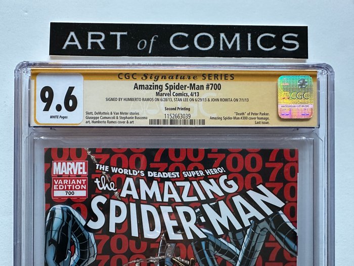 The Amazing Spider-Man #700 - Signed By Stan Lee, John Romita Sr, Humberto Ramos - Death Of Peter Parker - Last Issue - Rare 2nd Printing Variant - CGC Signature Series - Graded 9.6 - 1 Signed graded comic - Første udgave - 2013