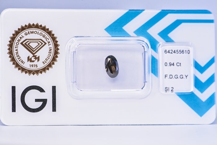 Ingen mindstepris - 1 pcs Diamant  (Naturfarvet)  - 0.94 ct - Oval - Fancy dark Grå, Grønlig Gul - SI2 - International Gemological Institute (IGI)