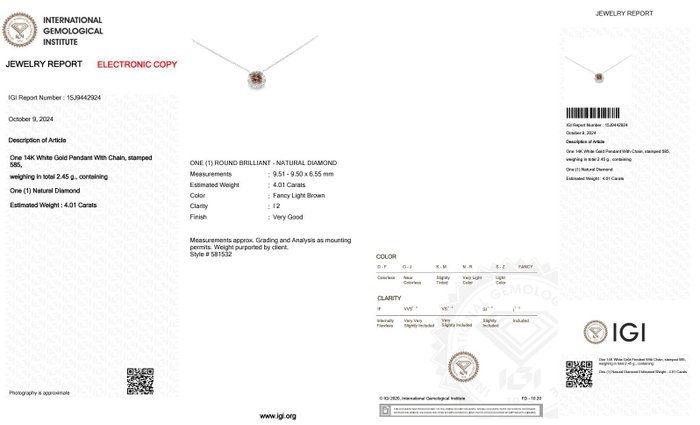 Ingen mindstepris - Halskæde - 14 karat Hvidguld -  4.01ct. tw. Brun Diamant (Naturfarvet)