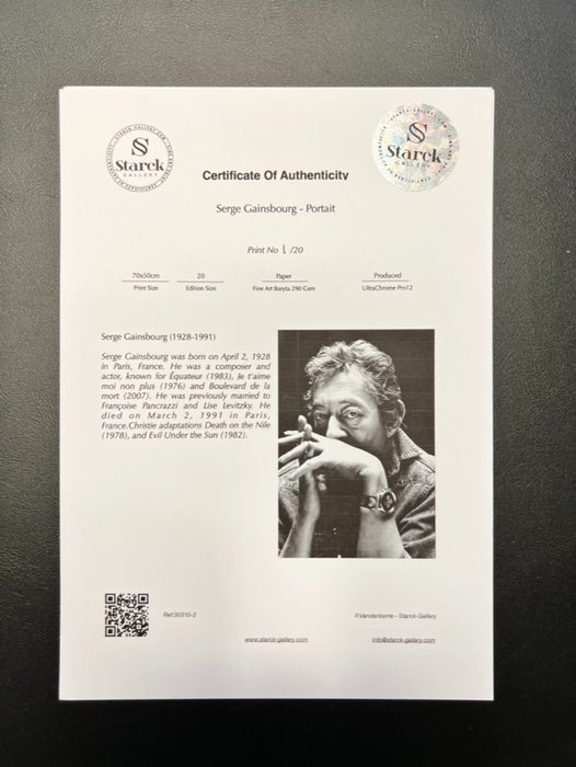 Serge Gainsbourg - Portait - Photographie Luxury Wooden Framed 70X50 cm - Limited Edition Nr 02 of 20 - Serial ID 30310-2 - Original Certificate (COA) Hologram Logo Editor and QR Code - 100% New itemsde