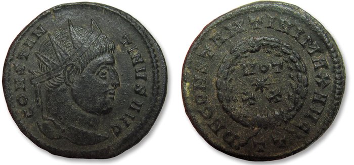 Romarriket. Constantine I (AD 306-337). Follis Ticinum (Pavia) mint, 3rd officina circa 320 A.D. - mintmark TT - Very rare busttype with radiate