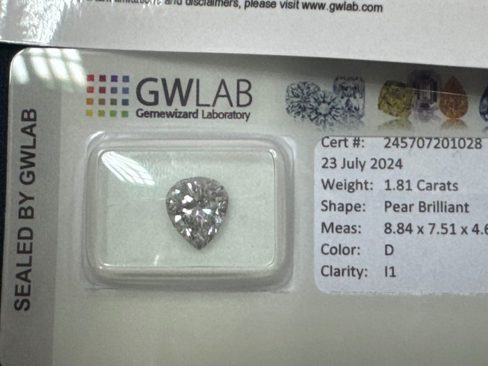 1 pcs Diamant  (Natur)  - 181 ct - Pære - D (farveløs) - I1 - Gemewizard Gemological Laboratory (GWLab)