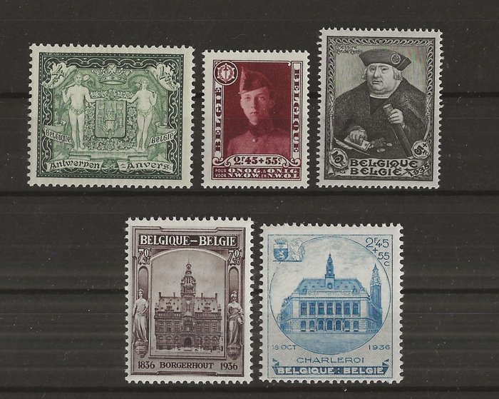 Belgien 1930/1936 - 5 frimærker fra blokke - Antwerpens byvåben Corporal Tassis Borgerhout og Charleroi - OBP/COB 301 + 325 + 410 + 436/37