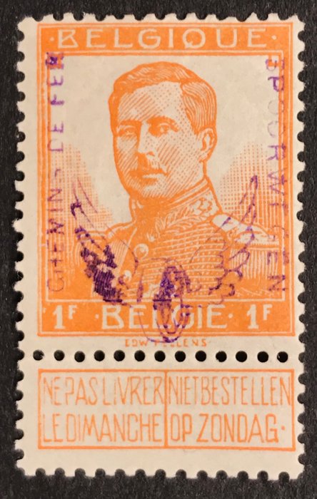 Belgien 1915 - Jernbanestempel - Vingehjul - 1 franc Orange - Med kendetegn / Signeret - Flot Center - OBP TR55 - ZONDER RESERVEPRIJS