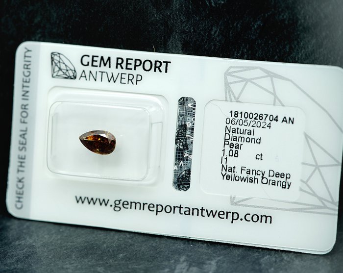 1 pcs Diamant  (Naturfarvet)  - 1.08 ct - Fancy deep Gullig, Orange nuance Brun - I1 - Gem Report Antwerp (GRA)