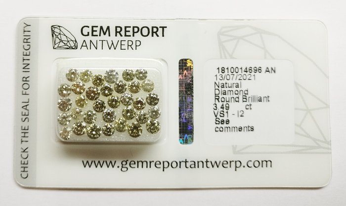 34 pcs Diamant  (Naturfarvet)  - 3.49 ct - Rund Blandede farver - I2, VS1 - Gem Report Antwerp (GRA)