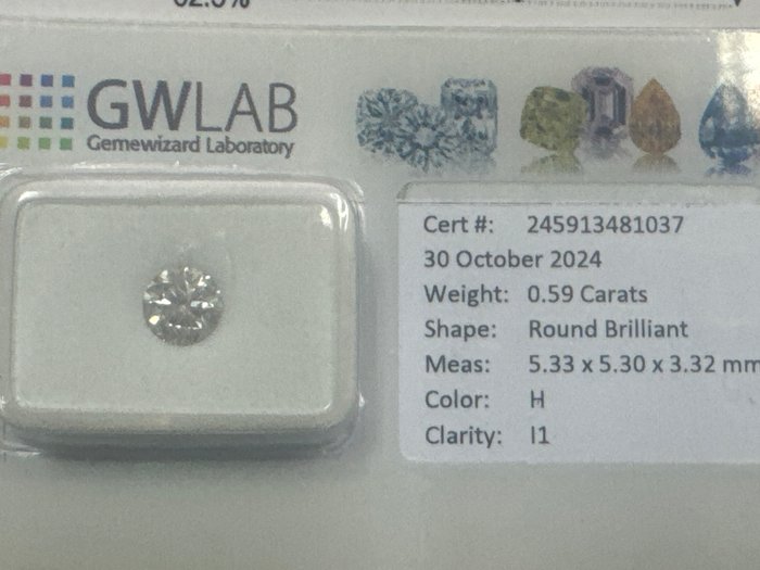 Ingen mindstepris - 1 pcs Diamant  (Natur)  - 0.59 ct - Rund - H - I1 - Gemewizard Gemological Laboratory (GWLab)