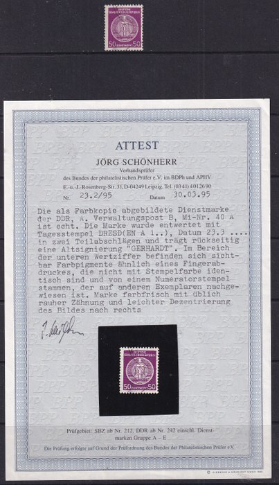 GDR 1957 - Serviceudstedelse. CERTIFIKAT: J. Schönherr BPP - Michel: 40 A