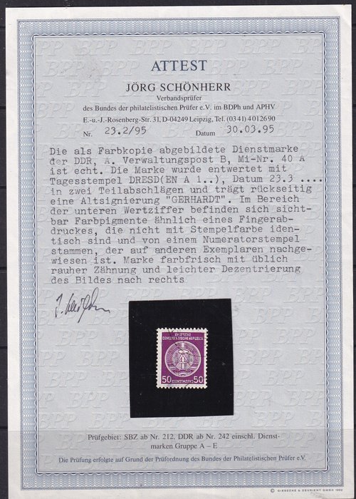 GDR 1957 - Serviceudstedelse. CERTIFIKAT: J. Schönherr BPP - Michel: 40 A