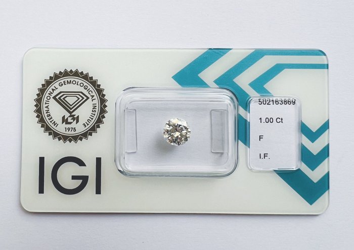 Ingen mindstepris - 1 pcs Diamant  (Natur)  - 1.00 ct - Rund - F - IF - International Gemological Institute (IGI) - *VG EX*