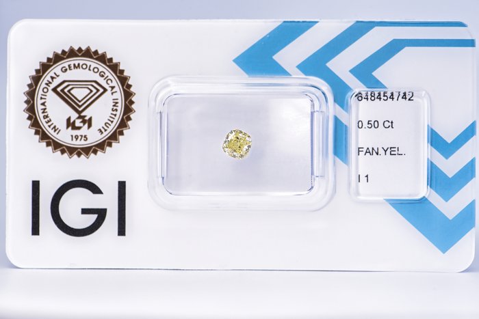 Ingen mindstepris - 1 pcs Diamant  (Naturfarvet)  - 0.50 ct - Pude - Fancy Gul - I1 - International Gemological Institute (IGI)