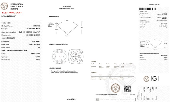 Ingen mindstepris - 1 pcs Diamant  (Naturfarvet)  - 0.50 ct - Pude - Fancy Gul - I1 - International Gemological Institute (IGI)