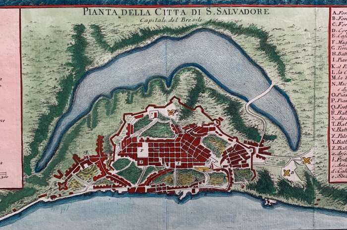 Brasilien - San Salvador de Bahia; Vanni Violante. inc.  Pazzi Giuseppe scrisse - Veduta della Città di S. Salvadore dalla parte della Baia - Pianta della Città di S. Salvadore - 1761-1780