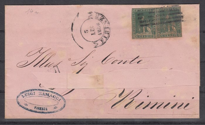 Antikke Italienske Stater - Toscana 1857 - Desinficeret brev fra Firenze til Rimini med kopi 4 gulliggrøn crazie - Sassone 14a