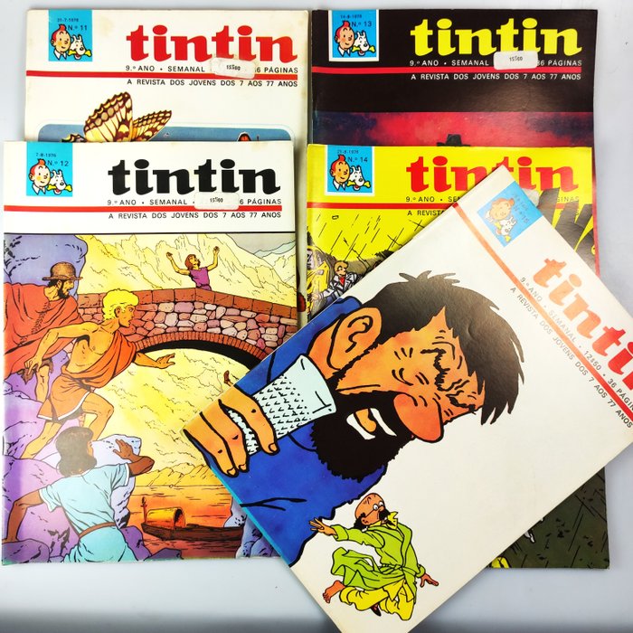 Tintin - 9st Year (1976) - 5 Portuguese Weekly Magazines (nr.11 to 15) - 1 Comic collection - 1976