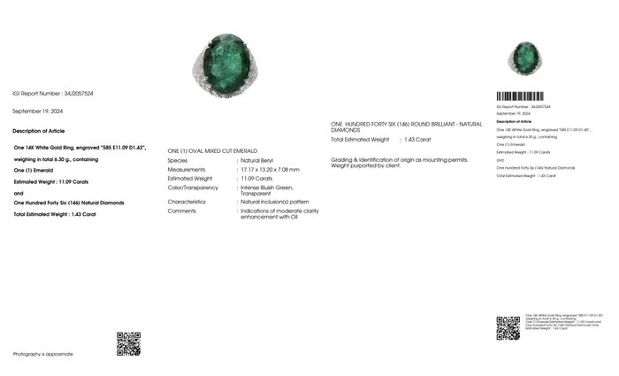 Ingen mindstepris - Ring - 14 karat Hvidguld -  12.52ct. tw. Smaragd - Diamant - IGI 11.09ct intens grøn