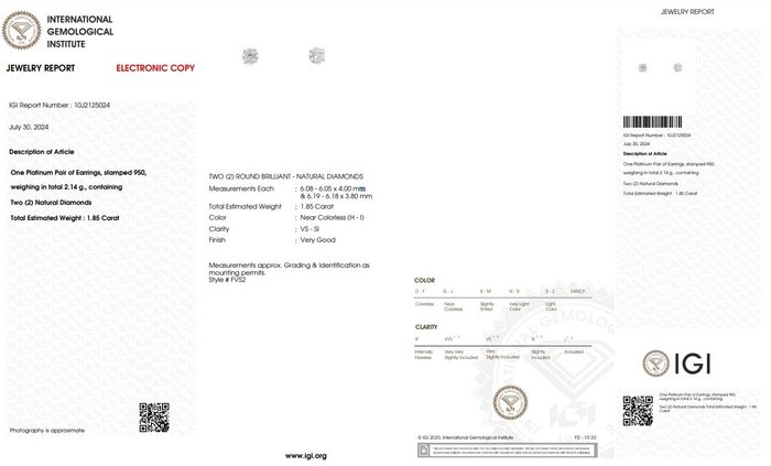 Øreringe Platin -  1.85ct. tw. Diamant (Natur) - Ideelt slebne diamanter