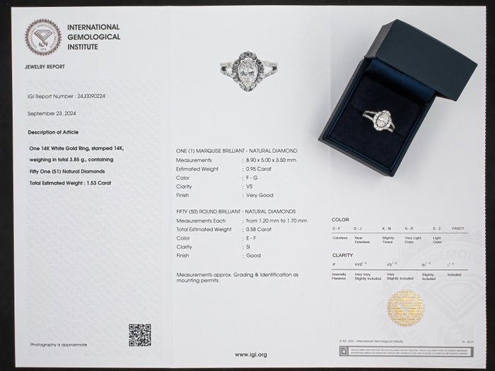 Ingen mindstepris - Ring - 14 karat Hvidguld, IGI Antwerpen - 1,53 ct diamanter - 0,95 ct VS center -  1.53ct. tw. Diamant (Natur) - Diamant