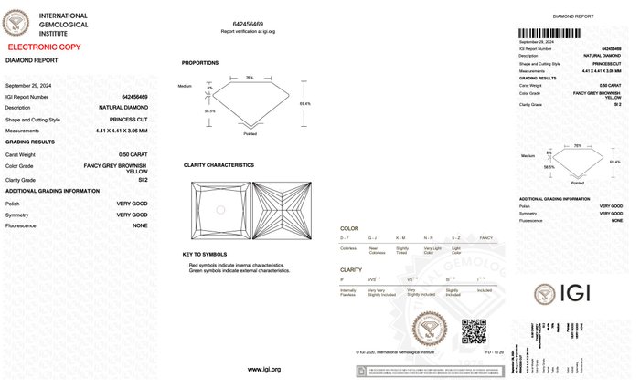 Ingen mindstepris - 1 pcs Diamant  (Naturfarvet)  - 0.50 ct - Kvadrat - Fancy Brunlig, Grå Gul - SI2 - International Gemological Institute (IGI)