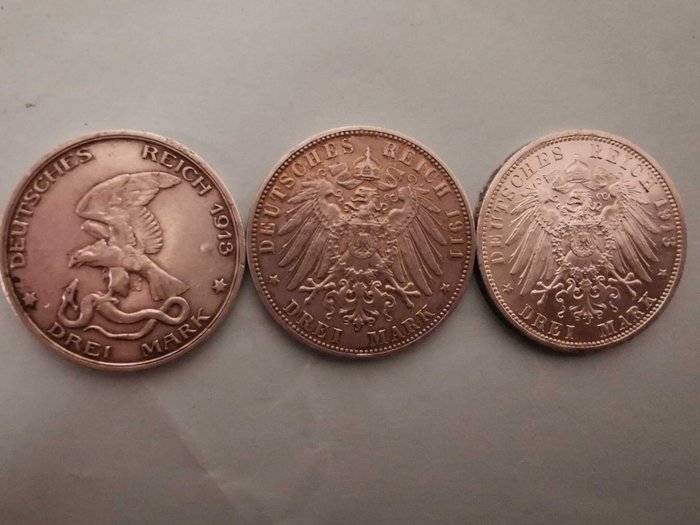 Tyskland, Emperie 3 Mark 1911/1913 der König Rief... (3 pieces silver)  (Ingen mindstepris)