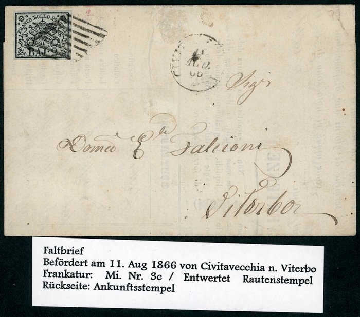 Antikke Italienske Stater - Kirkestaten 1852 - Pavelige Stater - überkomplette 1. Ausgabe 1/2 Baj bis 8 Baj, Mi.Nr. 1 bis 9 mit 3 Briefen und verschiedenen Farben