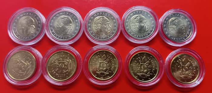 Monaco, Vatikanstaten. 50 Cent / 2 Euro 2001/2018 (10 moedas)  (Ingen mindstepris)