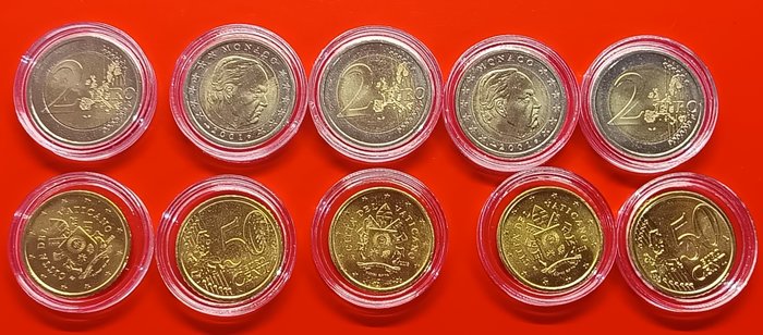 Monaco, Vatikanstaten. 50 Cent / 2 Euro 2001/2018 (10 moedas)  (Ingen mindstepris)