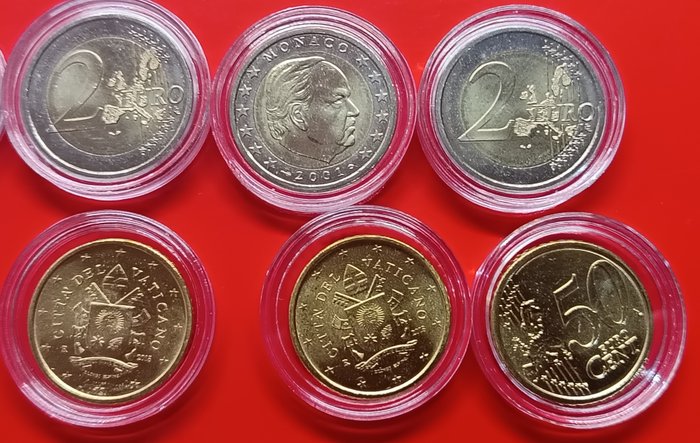 Monaco, Vatikanstaten. 50 Cent / 2 Euro 2001/2018 (10 moedas)  (Ingen mindstepris)