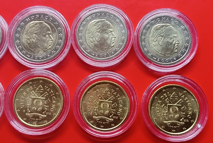 Monaco, Vatikanstaten. 50 Cent / 2 Euro 2001/2018 (10 moedas)  (Ingen mindstepris)