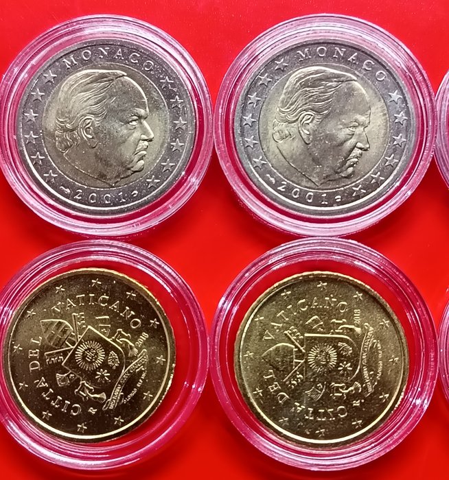 Monaco, Vatikanstaten. 50 Cent / 2 Euro 2001/2018 (10 moedas)  (Ingen mindstepris)