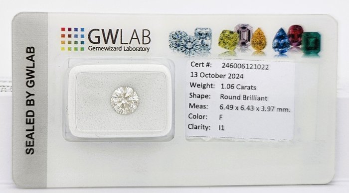 1 pcs Diamant  (Natur)  - 1.06 ct - Rund - F - I1 - Gemewizard Gemological Laboratory (GWLab)