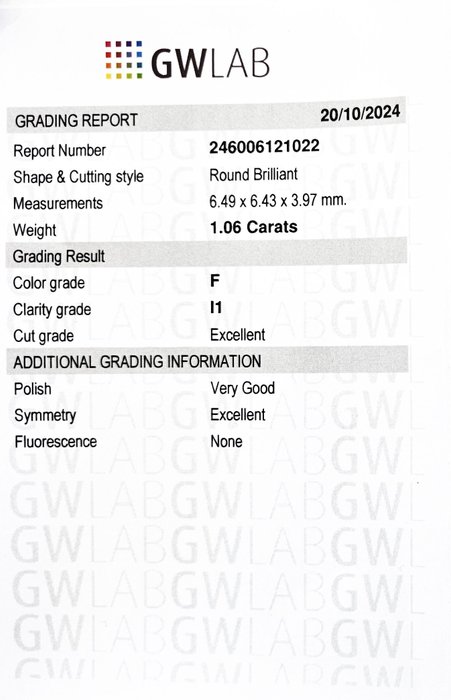 1 pcs Diamant  (Natur)  - 1.06 ct - Rund - F - I1 - Gemewizard Gemological Laboratory (GWLab)