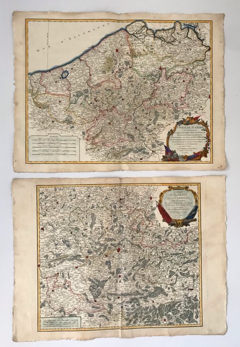 Europa - Belgien; Robert De Vaugondy Gilles - 2 tavole: Comté de Flandre + Comtes de Hainaut et de Cambresis - 1751-1760