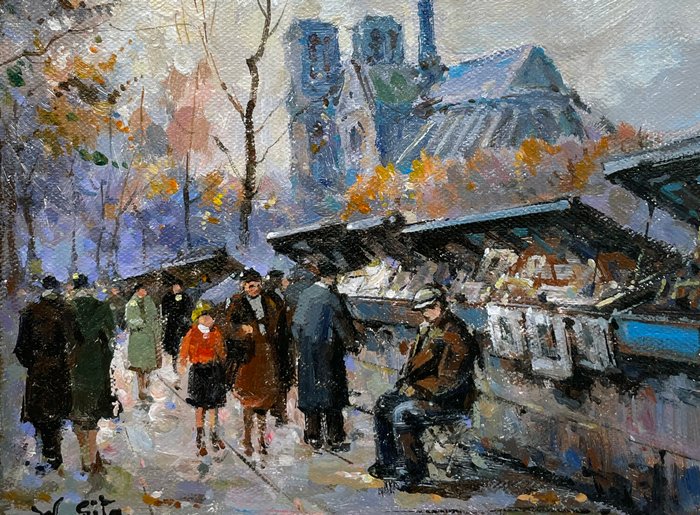 Walter Sita (XXème) école française - Paris ~ Quais de Seine ~ Les Bouquinistes de Notre Dame