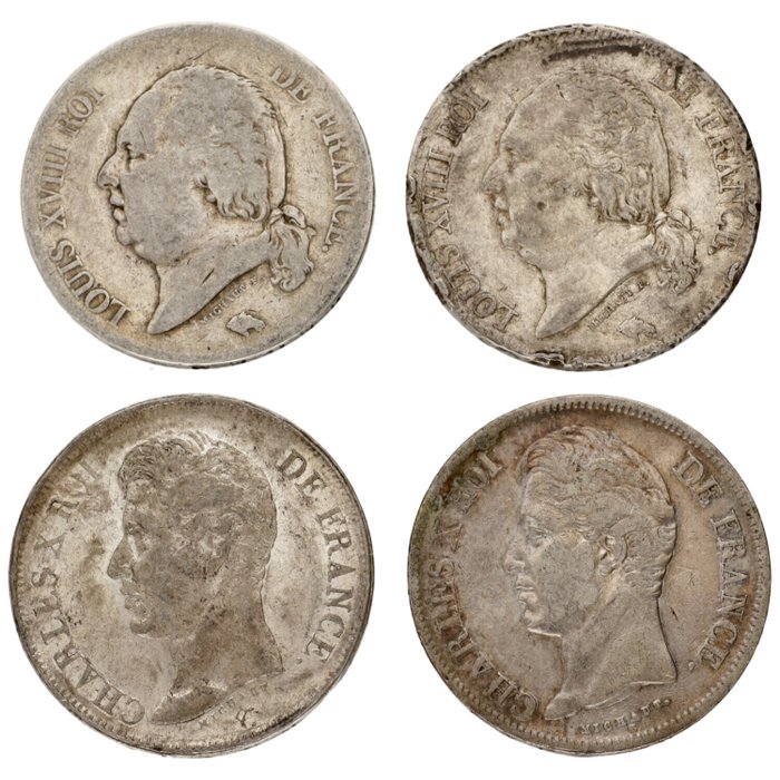 Frankrig. Louis XVIII, Charles X. 5 Francs 1817/1829 (4 stuks)  (Ingen mindstepris)