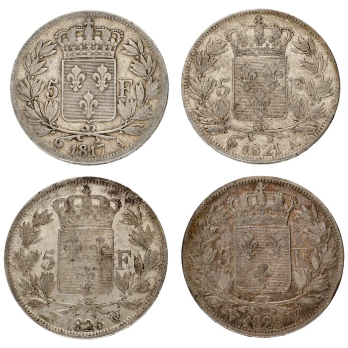 Frankrig. Louis XVIII, Charles X. 5 Francs 1817/1829 (4 stuks)  (Ingen mindstepris)