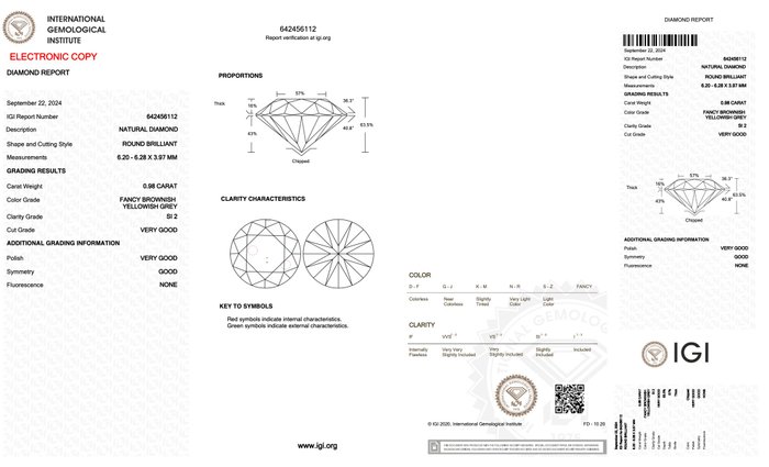 Ingen mindstepris - 1 pcs Diamant  (Naturfarvet)  - 0.98 ct - Rund - Fancy Brunlig, Gullig Grå - SI2 - International Gemological Institute (IGI)