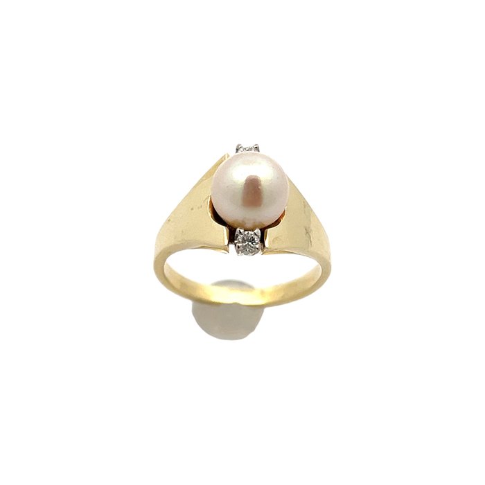 Ring - 14 karat Gulguld -  0.10ct. tw. Perle - Diamant