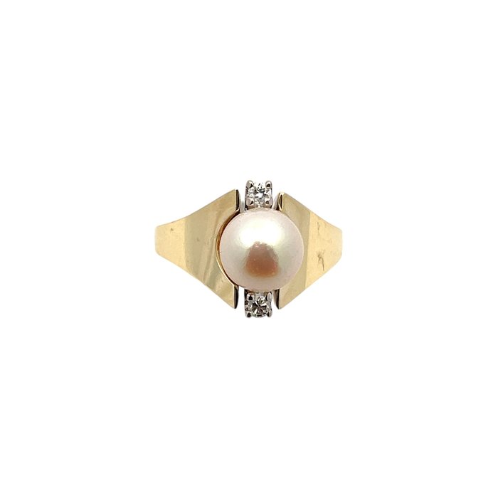 Ring - 14 karat Gulguld -  0.10ct. tw. Perle - Diamant