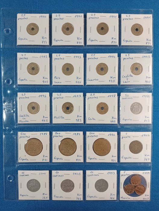 Spanien Lot 126 mønter, plus 23 gamle pengesedler. Periode 1870-2001.  (Ingen mindstepris)