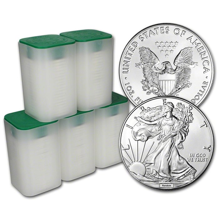 Förenta staterna. 100 x 1 oz $1 USD American Silver Eagle Coin BU (Random Years) In Tubes