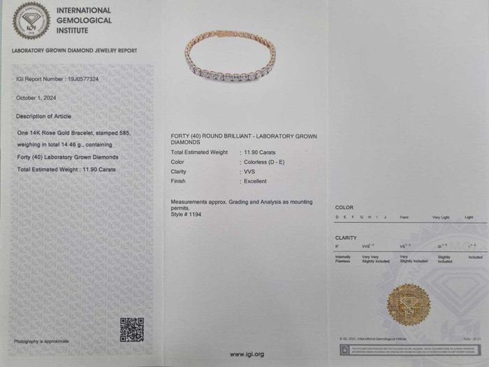 Tennisarmbånd - 14 karat Rosaguld -  11.90ct. tw. Diamant (Laboratoriedyrket)