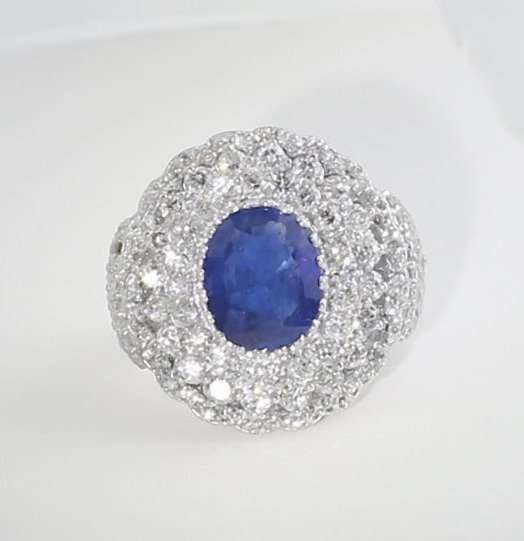 Statement-ring - 14 karat Hvidguld -  9.25ct. tw. Safir - Diamant - Blå Safir Diamon Ring