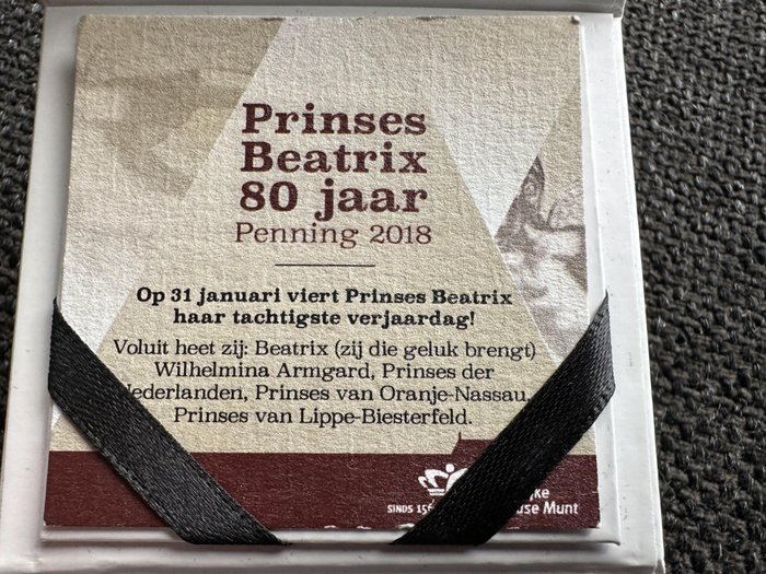 Holland. Penning 2018 'Prinses Beatrix 80 jaar' in cassette  (Ingen mindstepris)